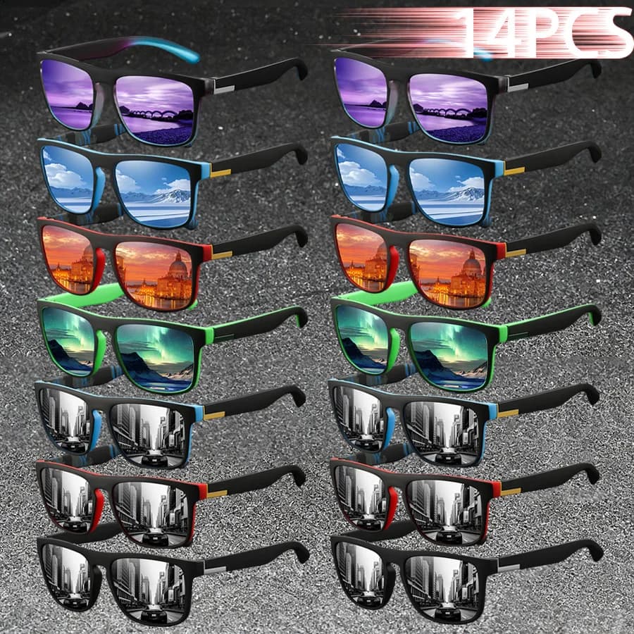 14PCS Fashion Classic Colorful stripe Square Eyewear Men Women travel Driving Fishing Sunglasses Men Brand Designer Sun Glasses