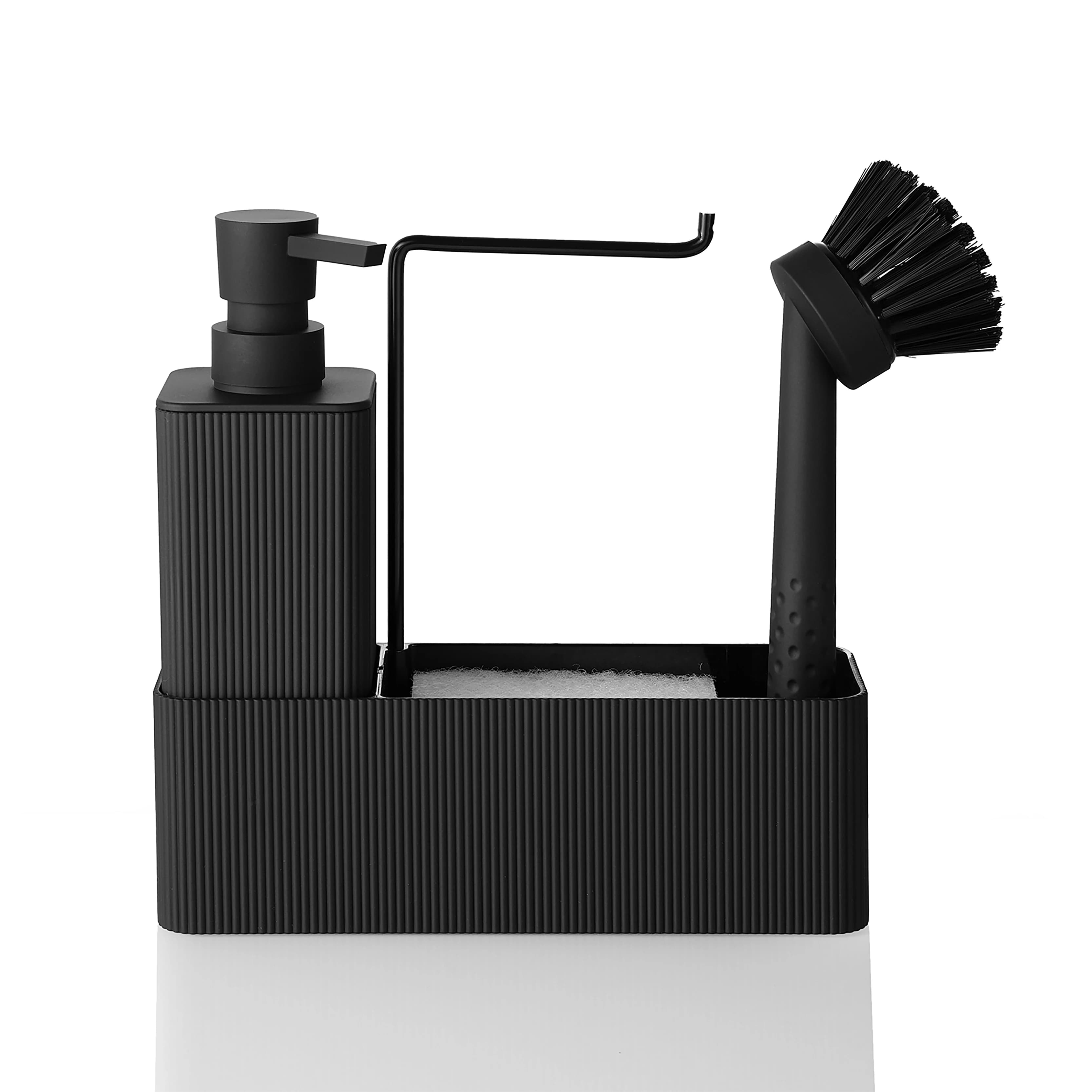 Dispenser di sapone da cucina nero opaco: include dispenser di sapone, porta spugna, portasciugamani e spazzolino da cucina, adatto per cou da cucina