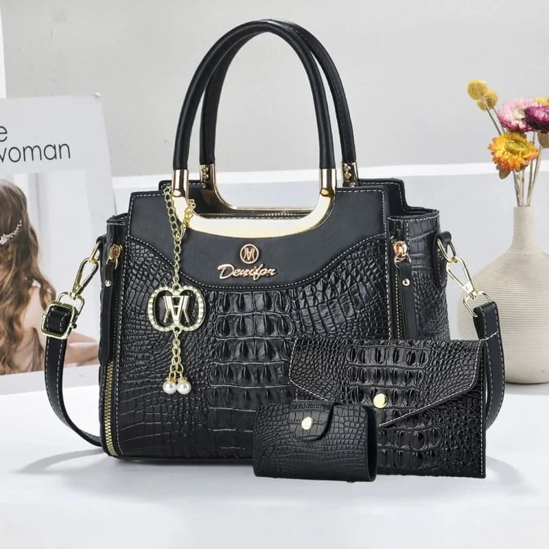 Women's Crocodile Texture Handbag Set, 3-Piece Color-Block Large Capacity Tote Bag, Fashionable Shoulder Crossbody Bag