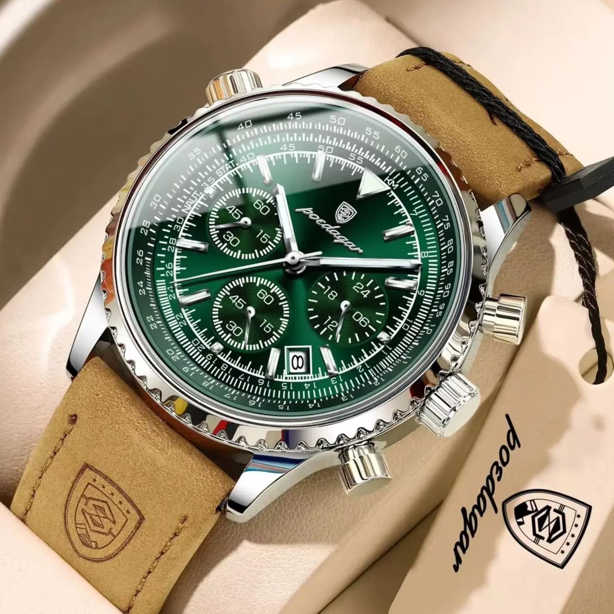 Orologio da Polso POEDAGAR per Uomo, Impermeabile, Luminoso, con Data e Cronografo, Sportivo, in Pelle, al Quarzo, Moda Maschile