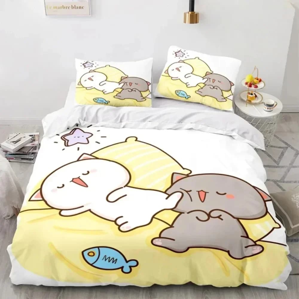 Set Letto con Stampa 3D di Gatto Pesca Cartoon, Copripiumino, Federe, Set Biancheria da Letto, Lenzuola, Copriletto, Misure Full Queen King