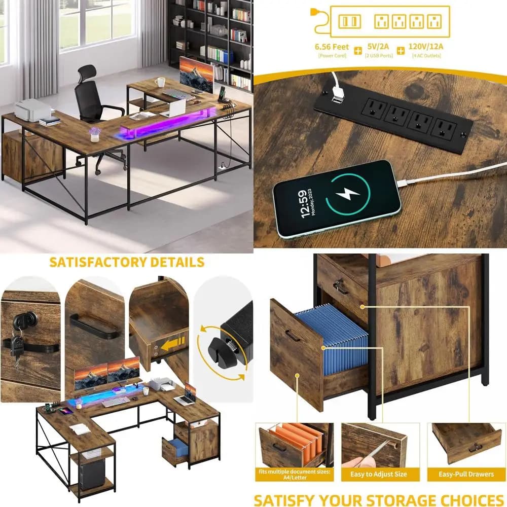 Scrivania a L Reversibile 79 con Alimentazione e LED, Scrivania per Computer Marrone Rustico con Spazio di Archiviazione e Supporto Monitor