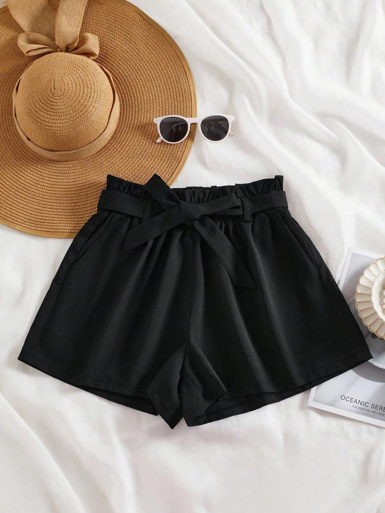 Ladies Knot Short Pants with Elastic Flower Waist And Side Pockets Summer Beach Casual Wide Leg Anti-Wrinkle Texture Fabric