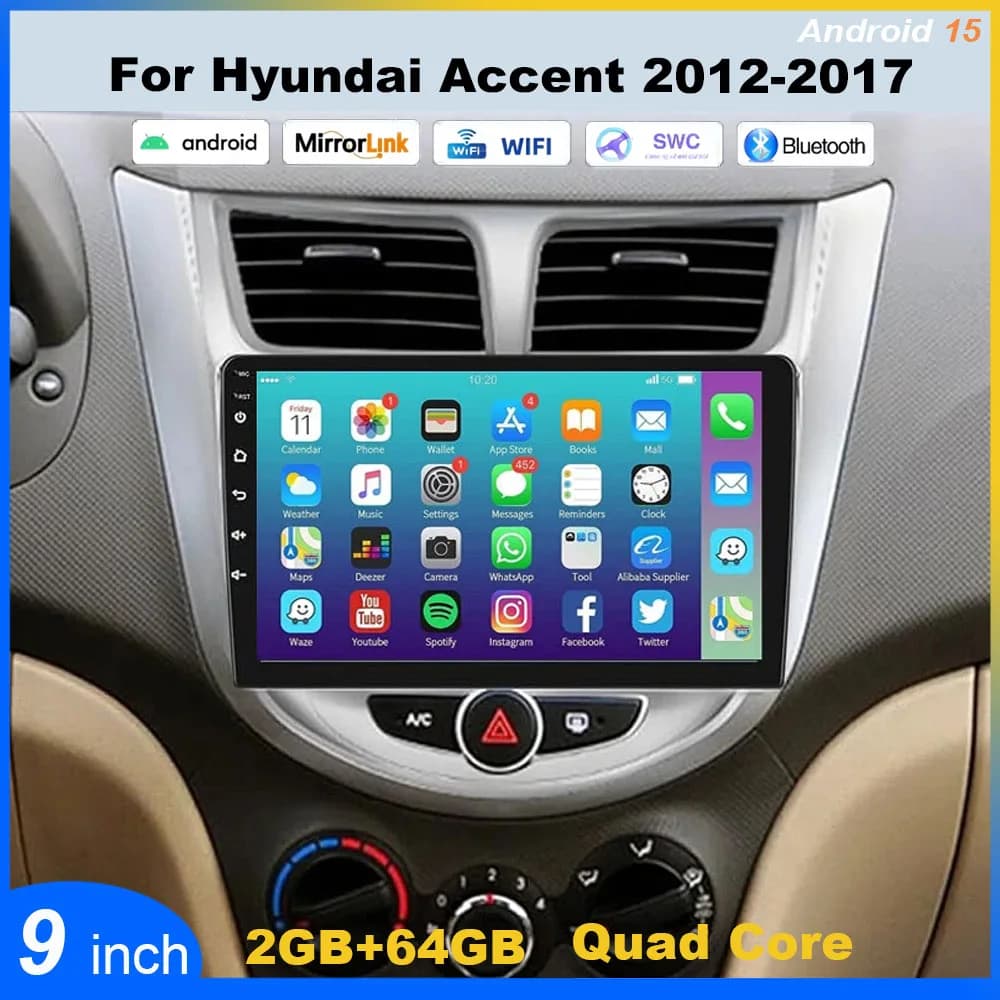 Autoradio Android 15 da 9'' Quad Core con GPS per Hyundai Accent 2012-2017, 2+64G, WiFi, Bluetooth, RDS, Telecamera Posteriore e Microfono