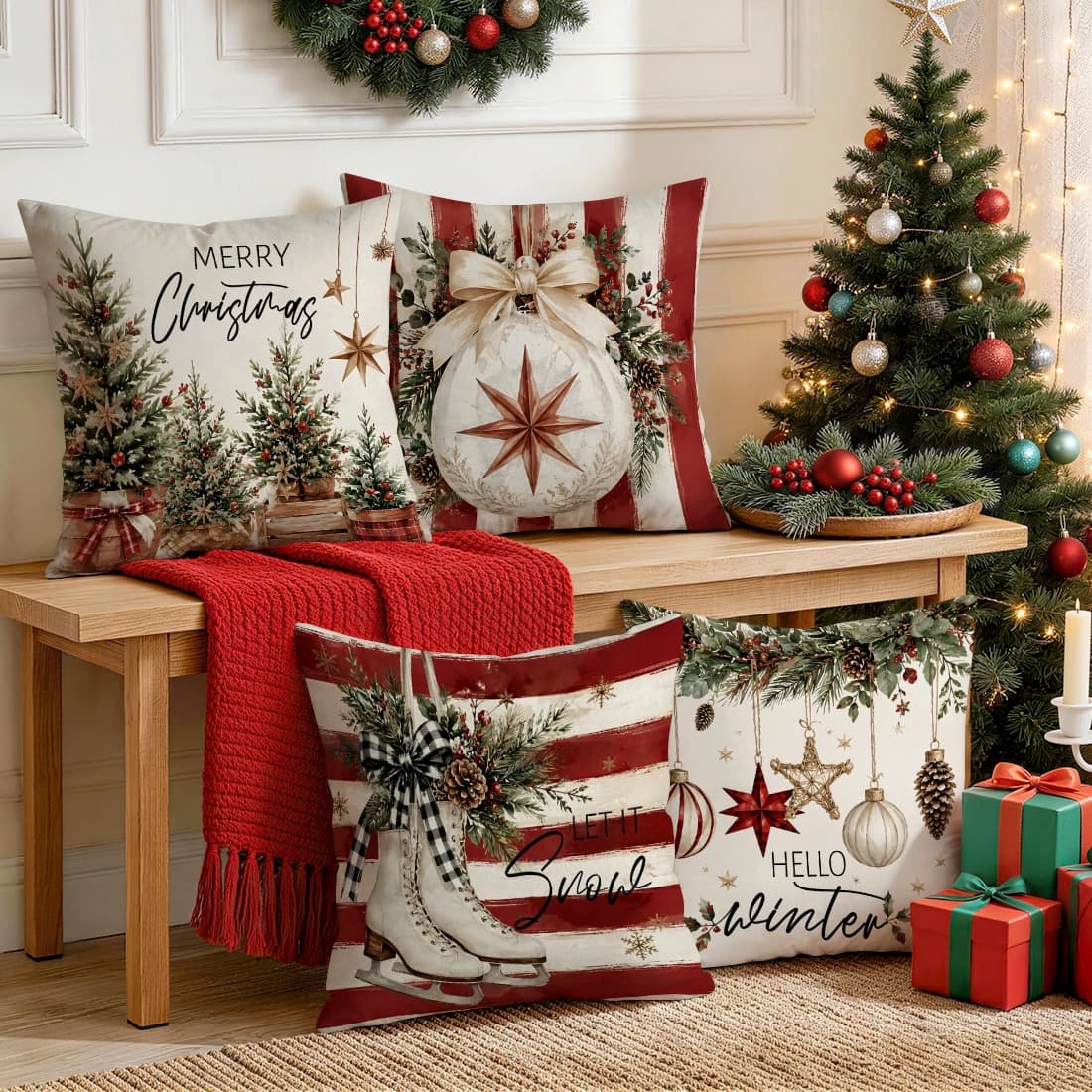 Striped Merry Christmas Theme Cushions Pillowcase Polyester Cushion Cover Throw Pillow Pillowcover Home Car Sofa Decor