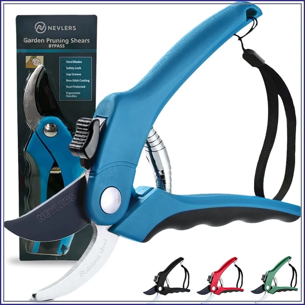 8" Blue Bypass Pruning Shears Heavy Duty - Ergonomic Garden Clippers with Steel Blades, Safe Lock, Cuts Up to 8mm