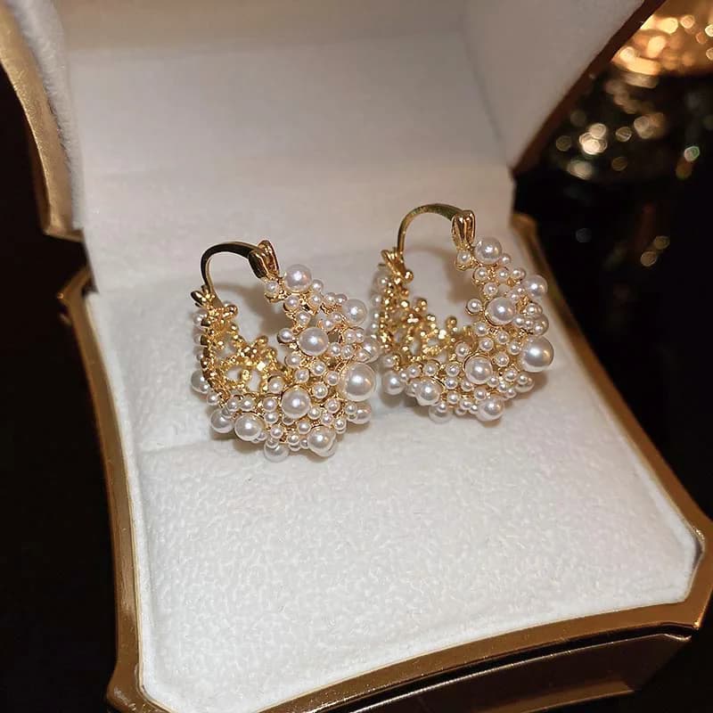 Orecchini a cerchio placcati in oro reale 14k Orecchini francesi con perle finte completamente vuote per le donne Gioielli per orecchie di lusso leggeri di alta quanlity