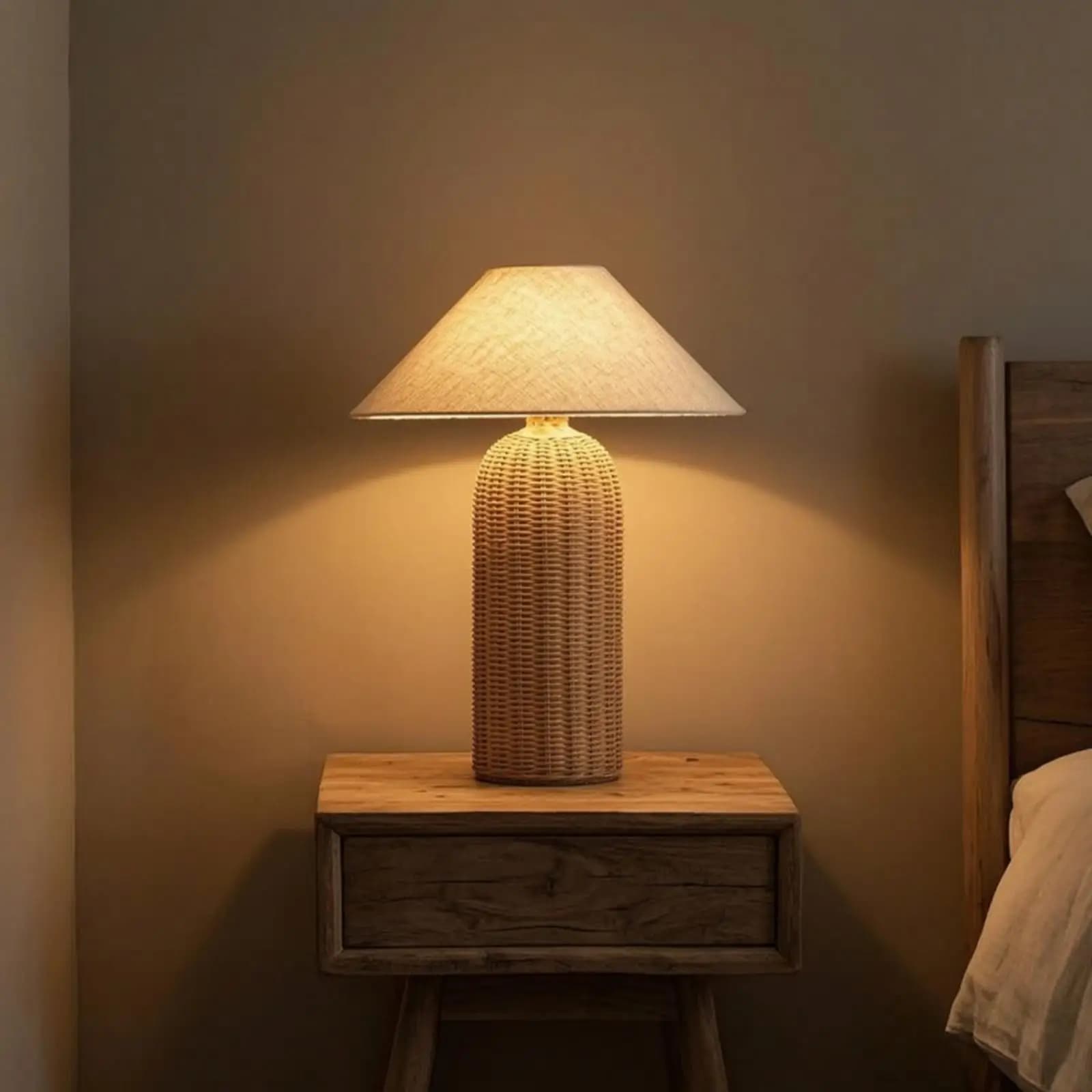 Bedside Lamp Rattan Base Fabric Shade Night Table Lamp Decorative Lighting for Bedroom Living Room
