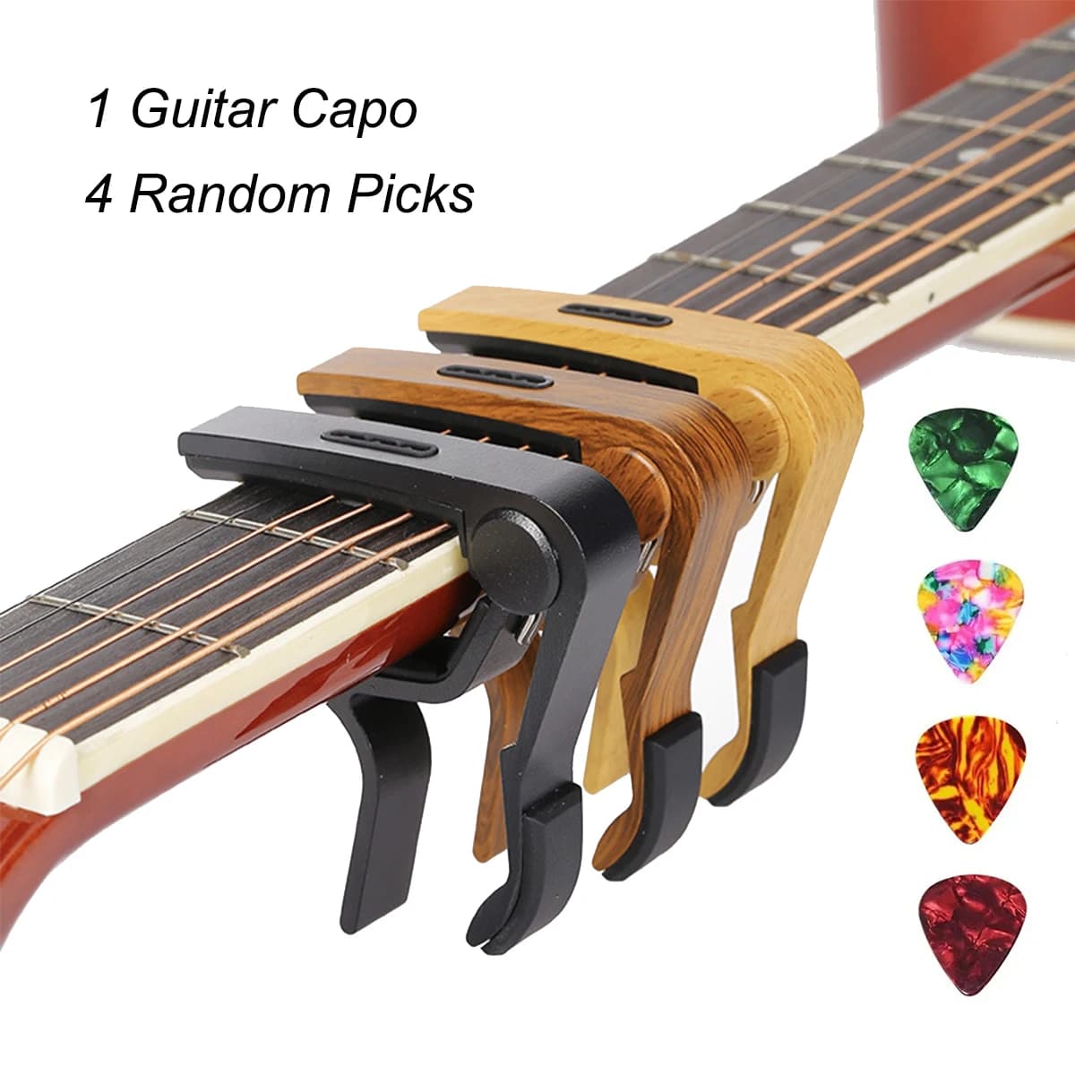 Miwayer Aluminum Guitar Capo – Pick Holder, 3 Colors (Black/Light Wood/Dark Wood), with 4 Random Picks, Silicone Pad, for Guitar