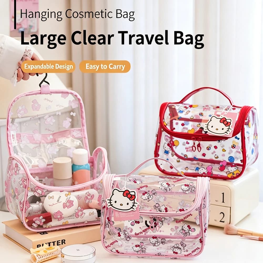 Hello Kitty Clear Hanging Cosmetic Bag, Waterproof Portable Travel Wash With Bag Hook for cosmetic Toiletry Storage Organizer