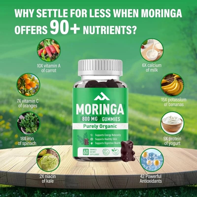Moringa 800 mg gumella, a natural green energy, organic Moringa supplement containing essential vitamins and aminoids