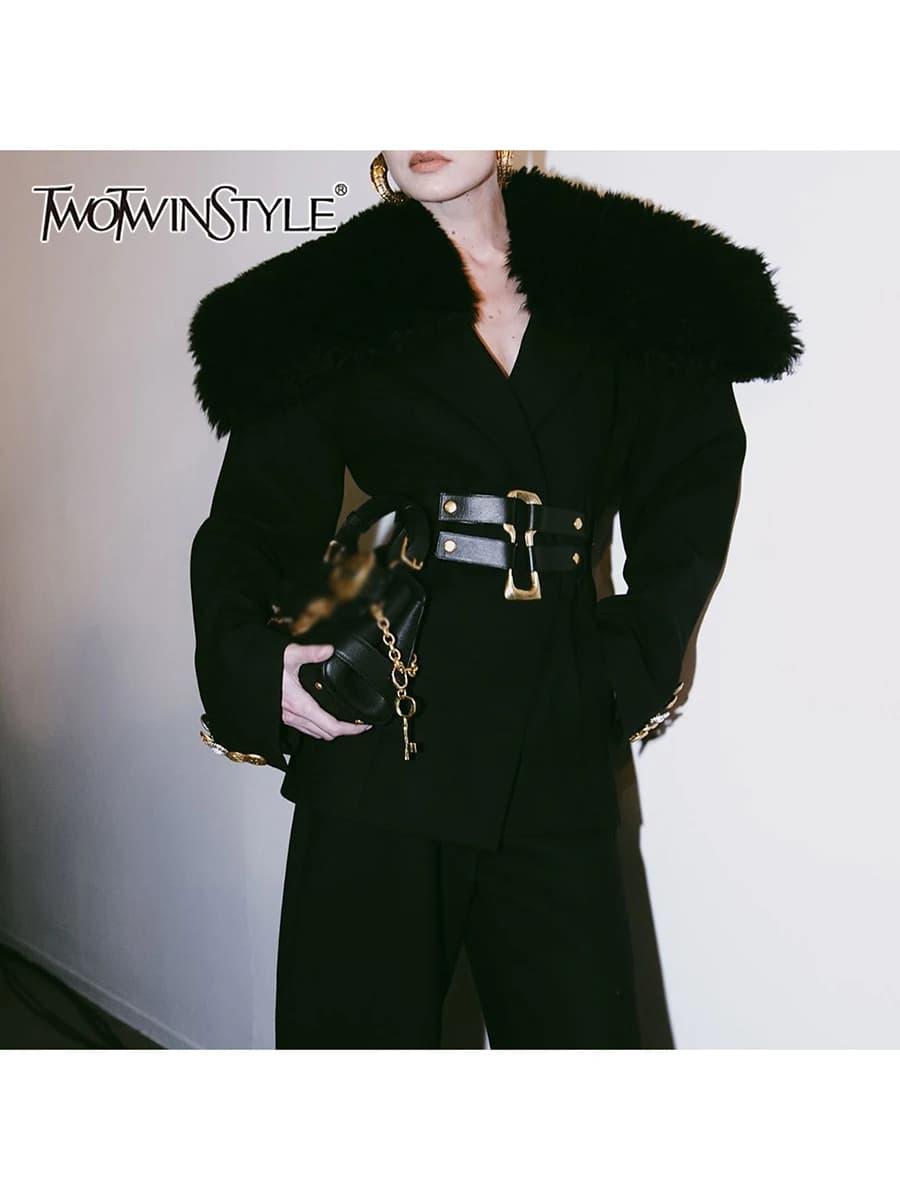 TWOTWINSTYLE Dimagrante Cintura Impiombata Temperamento Giubbotti per Le Donne Risvolto Maniche Lunghe Patchwork Collo di Pelliccia Giacca Abbigliamento Femminile