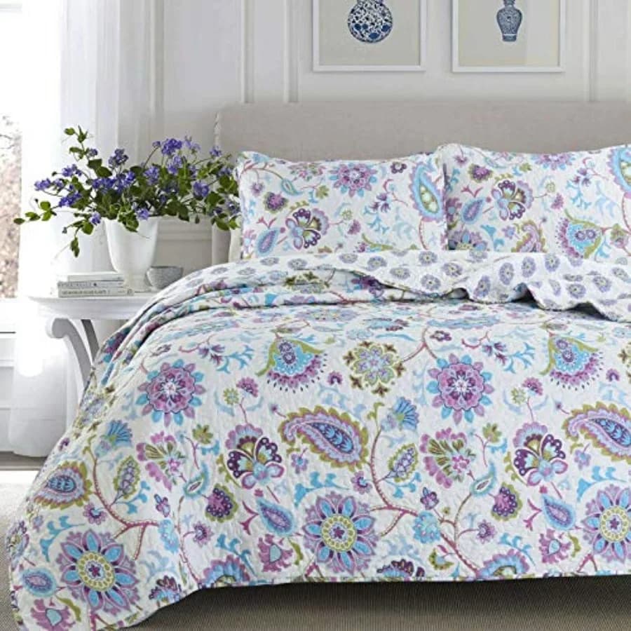 Set Copriletto Reversibile Floreale Paisley Lilla Lavanda Viola Leggero per Tutte le Stagioni