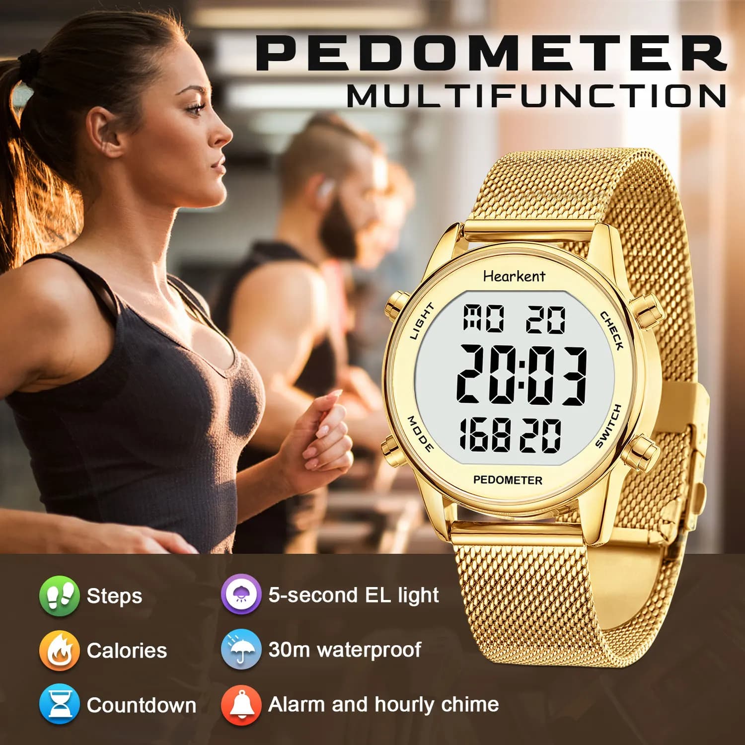 Hearkent Pedometer Sport Watches Countertops Ladies Digital Watches Calorie Mile Tracker Waterproof 30M for Walking Racing