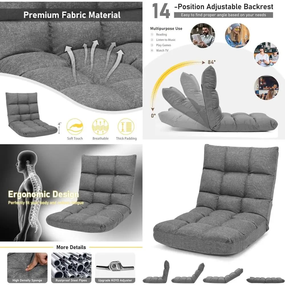 Sedia da Gaming Ergonomica a 14 Posizioni con Memory Foam, Telaio in Acciaio, Reclinabile Imbottito per Comfort e Meditazione (Grigio)
