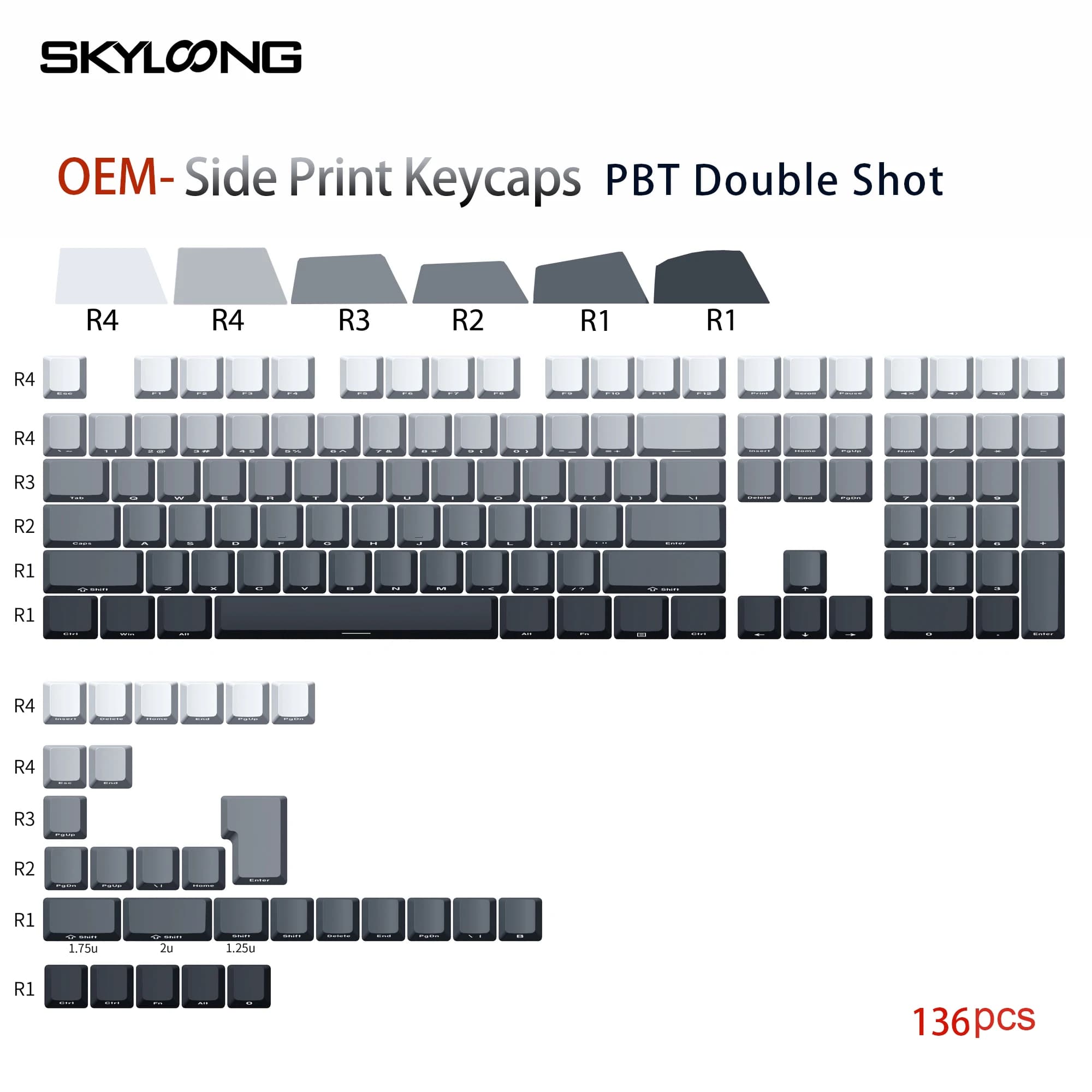 SKYLOONG Copritasti con incisione laterale Profilo OEM Copritasti PBT Double Shot 136 pezzi Copritasti con sfumatura di colore nero/grigio per tastiera da gioco