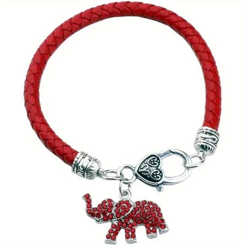 Red Braided Leather Bracelet Crystal Elephant Charm Bangle Silver Heart Lobster Clasp Lucky Elephant Pendant Wrist Jewelry For Men Women