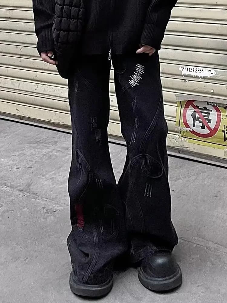 Retro American Embroidered Patchwork Faded Wide Leg Jeans Men Women Heavy Duty Drag Floor Length Subculture Pants Casual Wear