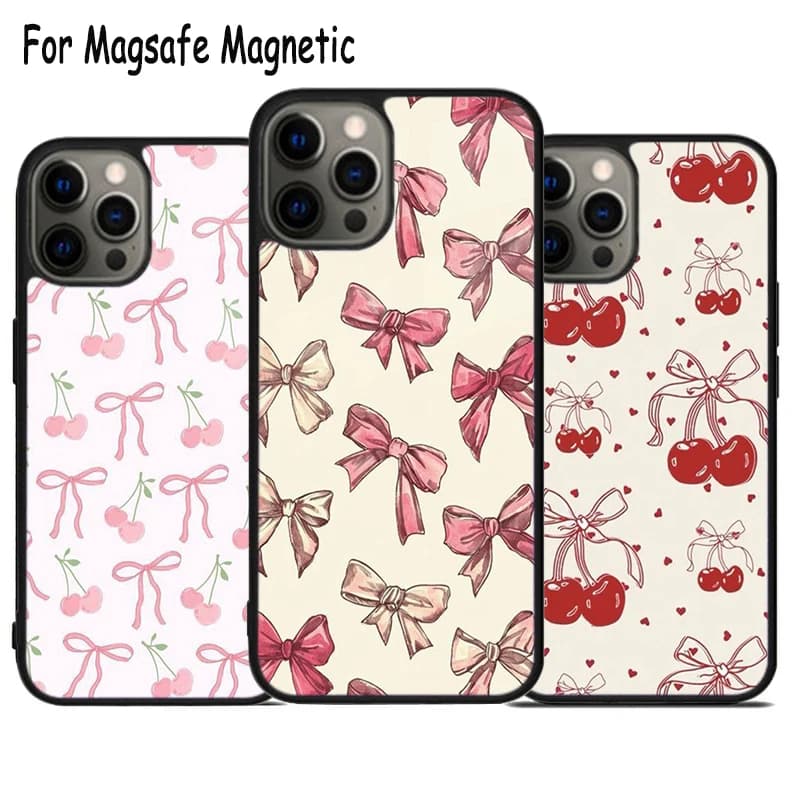Custodia per telefono wireless estetica con fiocco a nastro rosa per iPhone 17 Air 15 16 16e 14 13 11 12 Pro Max Plus, cover magnetica MagSafe