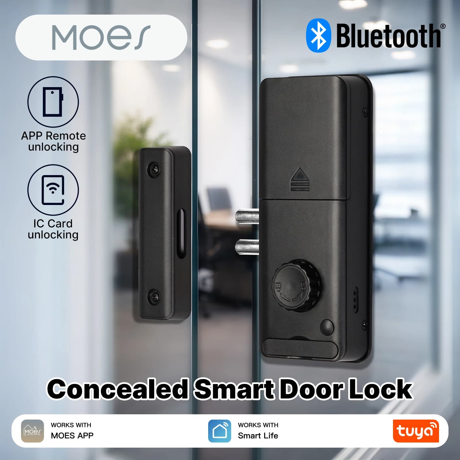 Serratura Intelligente Bluetooth MOES Tuya, Tipo Invisibile Nascosto, con Carta di Accesso IC, Sblocco Remoto tramite APP, Elettronica per Porte in Legno e Vetro