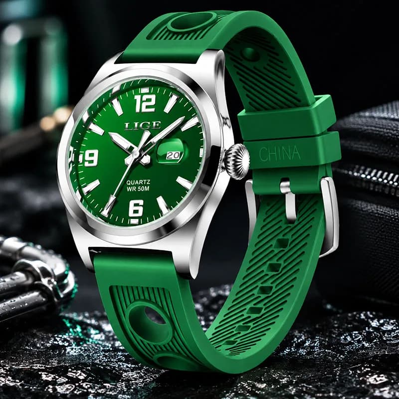 LIGE Men's Waterproof Watch Fashion Green Silicone Quartz Watches for Men Casual Sports Date Chronograph Relogios Masculino+BOX