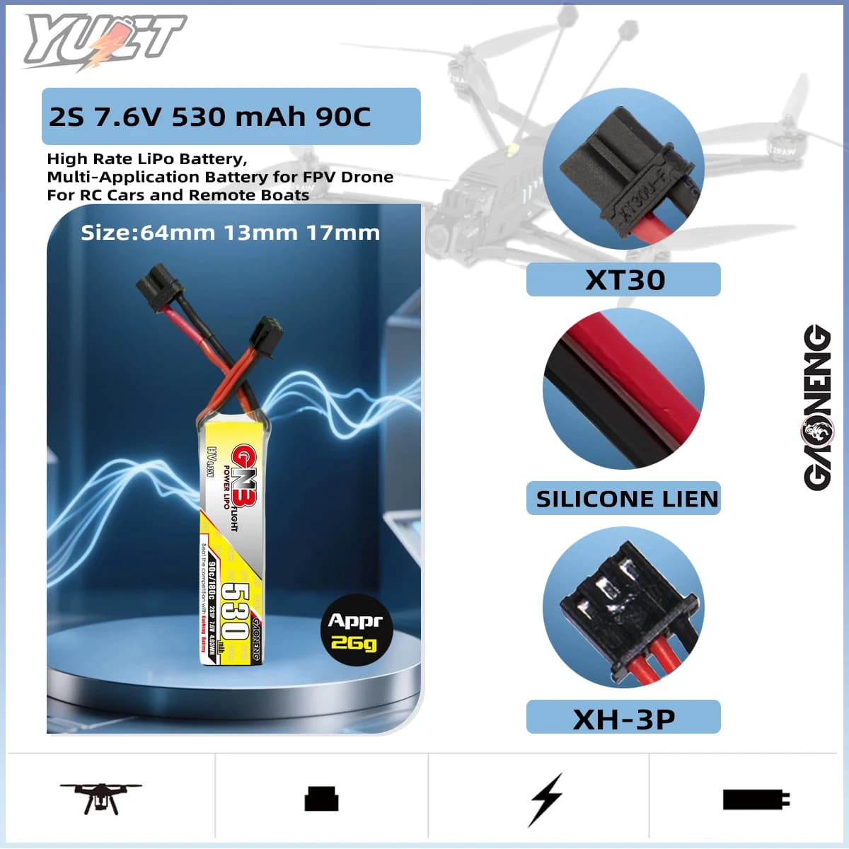 YUCT GNB 2S LiPo Battery LiHV 7.6V 530mAh XT30 90C/Max180C 7.4V Lithium Battery for FPV Drone Quadcopter Battery