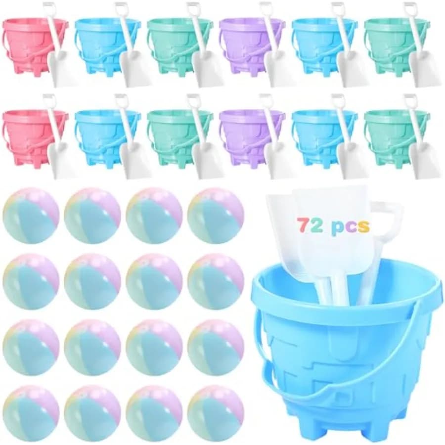 72 Pezzi Set Giocattoli da Spiaggia Pastello, 24 Secchielli e Palette, Palloni Gonfiabili da Spiaggia, Gadget per Feste Estive in Piscina per Bambini e Bambine