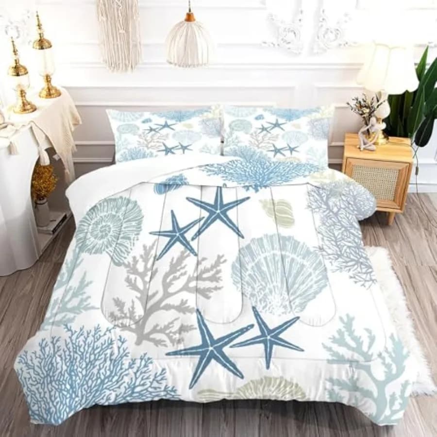 Set Copripiumino Stile Costiero per Uomo e Donna, Decorazione Camera da Letto con Stelle Marine e Conchiglie, 1 Copripiumino 1 Federa