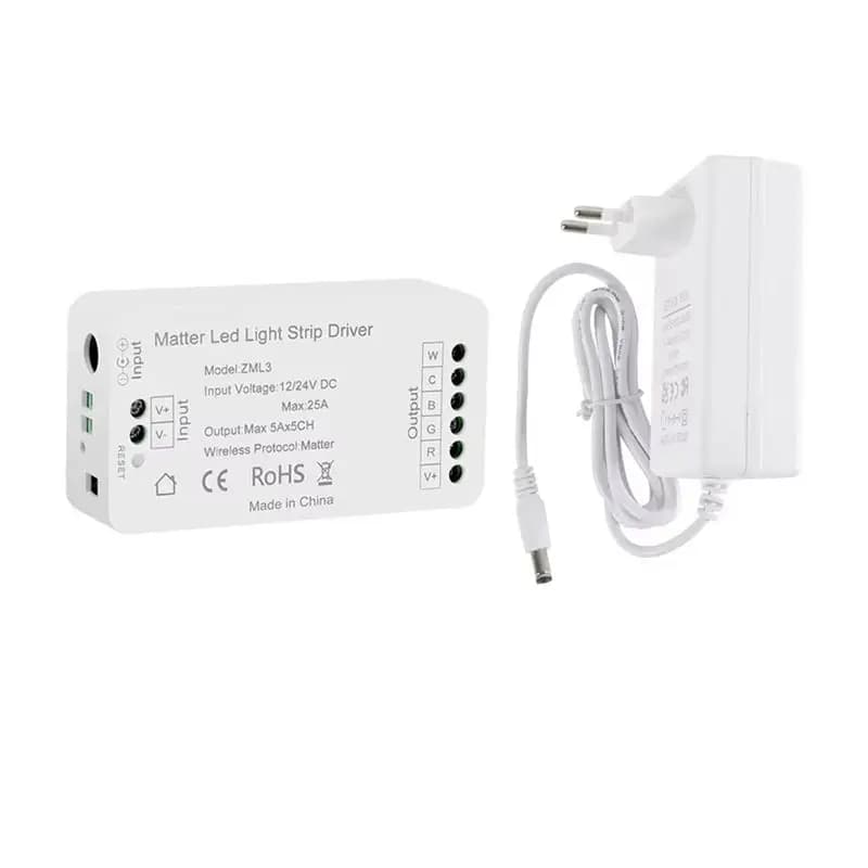 Innovative LED Strip Controller Matter Over Wifi RGBCW, Intelligent LED Driver Compatible with Homekit, Smartthings, Alexa, Google, Spina EU