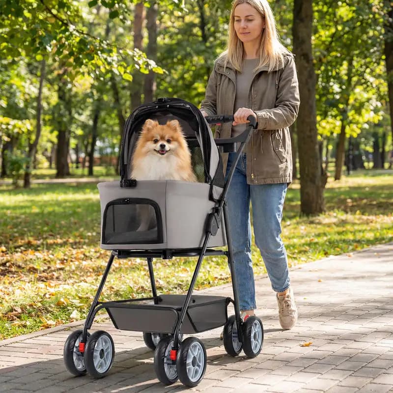 Passeggino 3 in 1 per animali domestici con trasportino rimovibile fino a 15 kg - Grigio