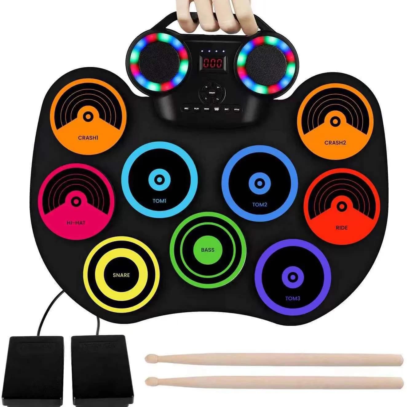 Set batteria elettronica 9 pad con luci a LED, kit batteria elettronica portatile Bluetooth, batteria per pratica avvolgibile, regalo per bambini