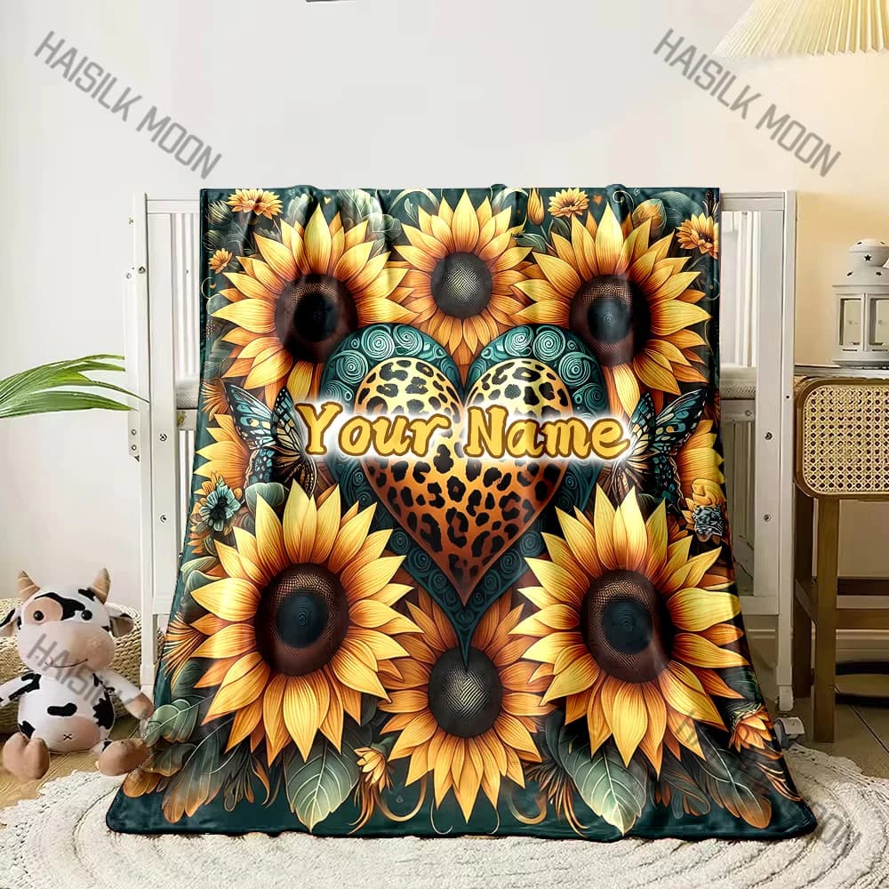 Nome personalizzato Coperta personalizzata Coperta con stampa di auto da principessa con girasole e cuore leopardato Coperta per divano regalo di compleanno e Natale