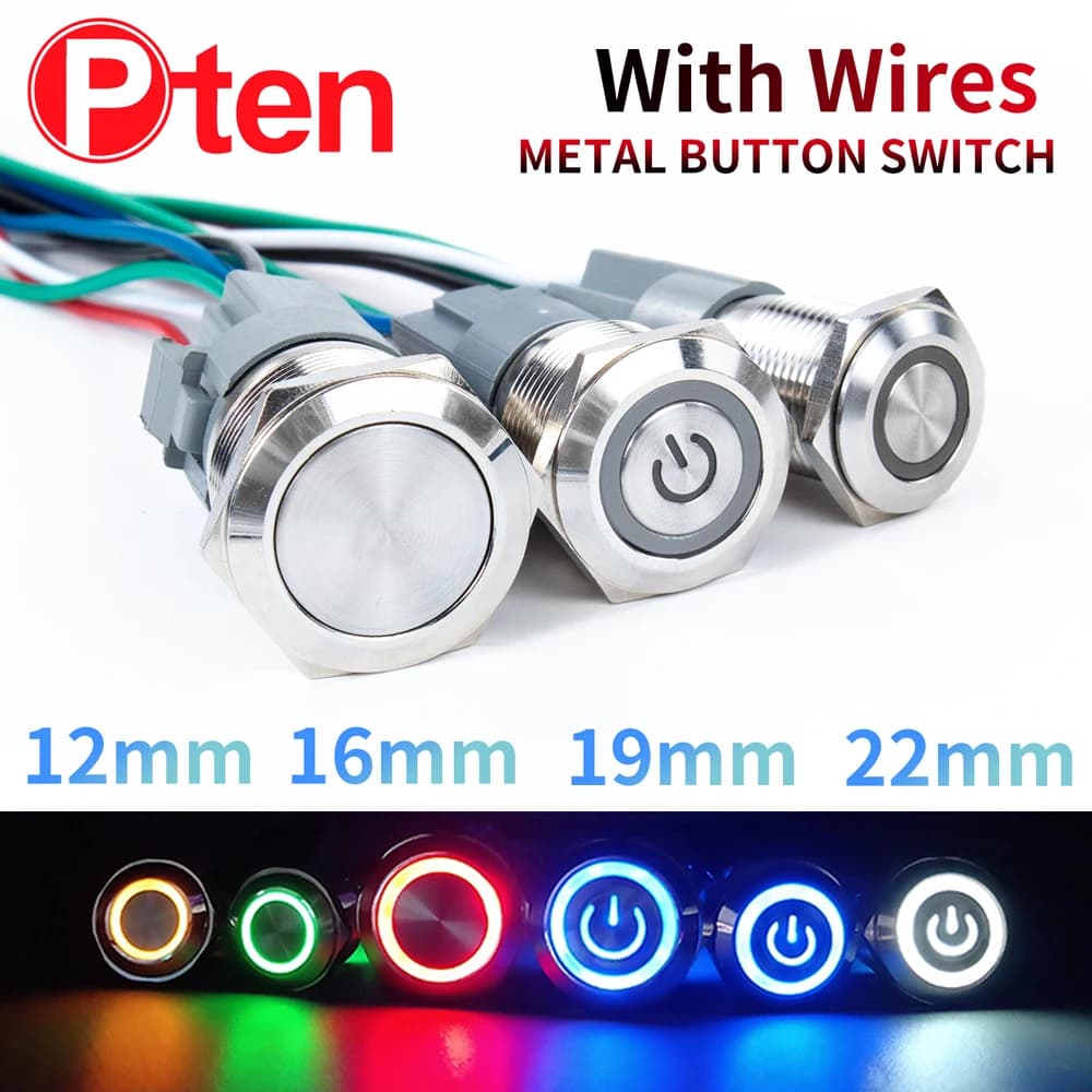 Interruttore a pulsante in metallo impermeabile da 12, 16, 19, 22 mm con cavo, anello LED/luce di alimentazione, momentaneo o a ritenuta, 5/12/24/220V, argento 1NO1NC