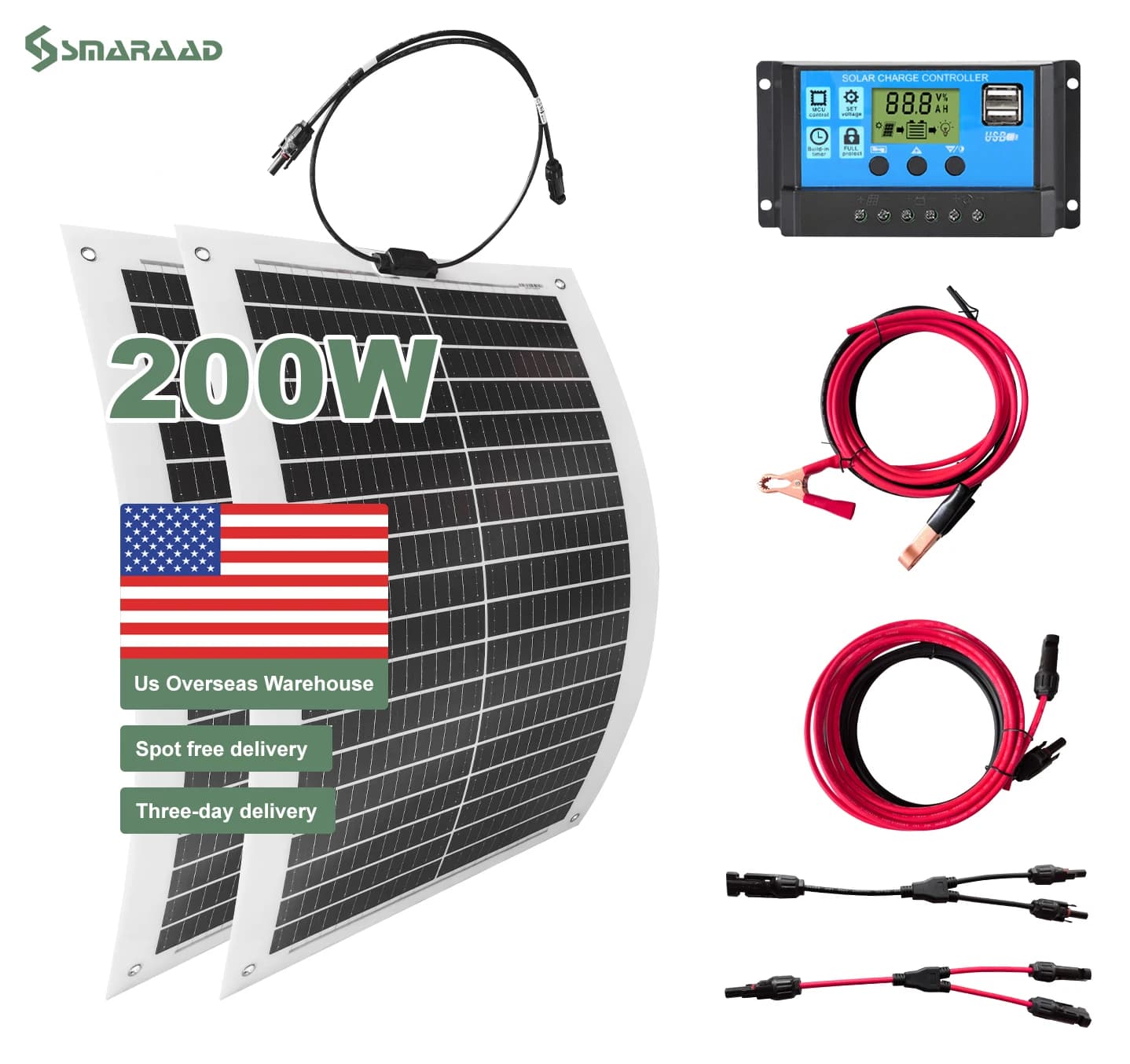 Us Stock Pannello solare flessibile da 200 W 100 W 2 pezzi Controller MPPT e set di cavi per viaggi in campeggio Pannello solare mono impermeabile