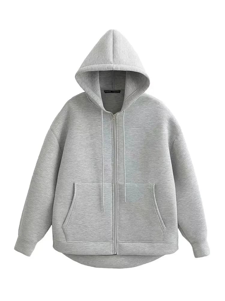 Giacca grigia da donna autunnale con cappuccio manica lunga tasca grande giacca con cerniera cappotto donna capispalla casual allentato top