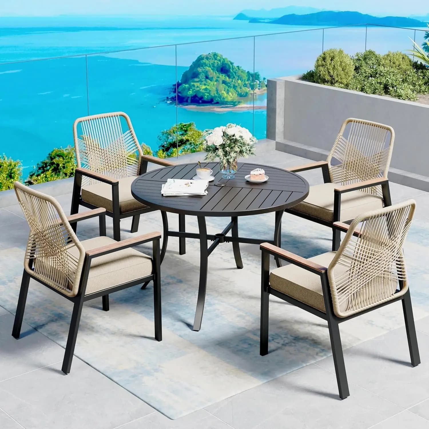 o*-5 Pieces Patio Dining Set, 4 x Woven Rattan Chairs with Waterproof Cushion, 42” Metal Round Dining Table with, Customized
