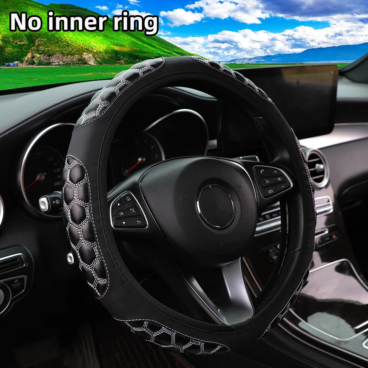 Black White Leather Hexagonal Embroidered Cover Interior accessory for car without mounting for wheels of 14-15 inch