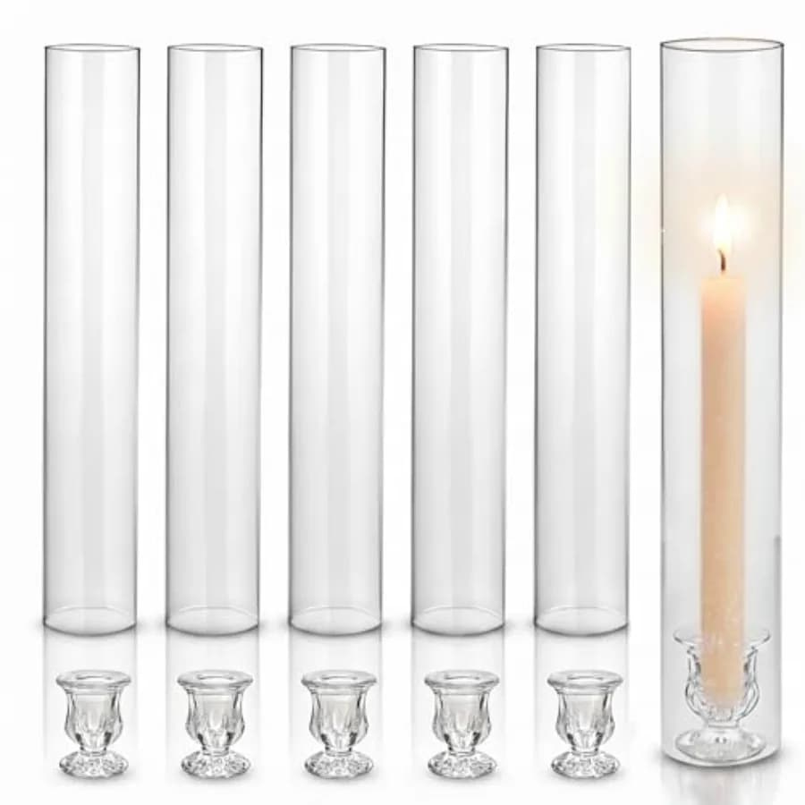 Portacandele in Vetro Hurricane - Set di 6 Portacandele Alti con Coperture Cilindriche Trasparenti da 30 cm per Centrotavola Matrimoniali