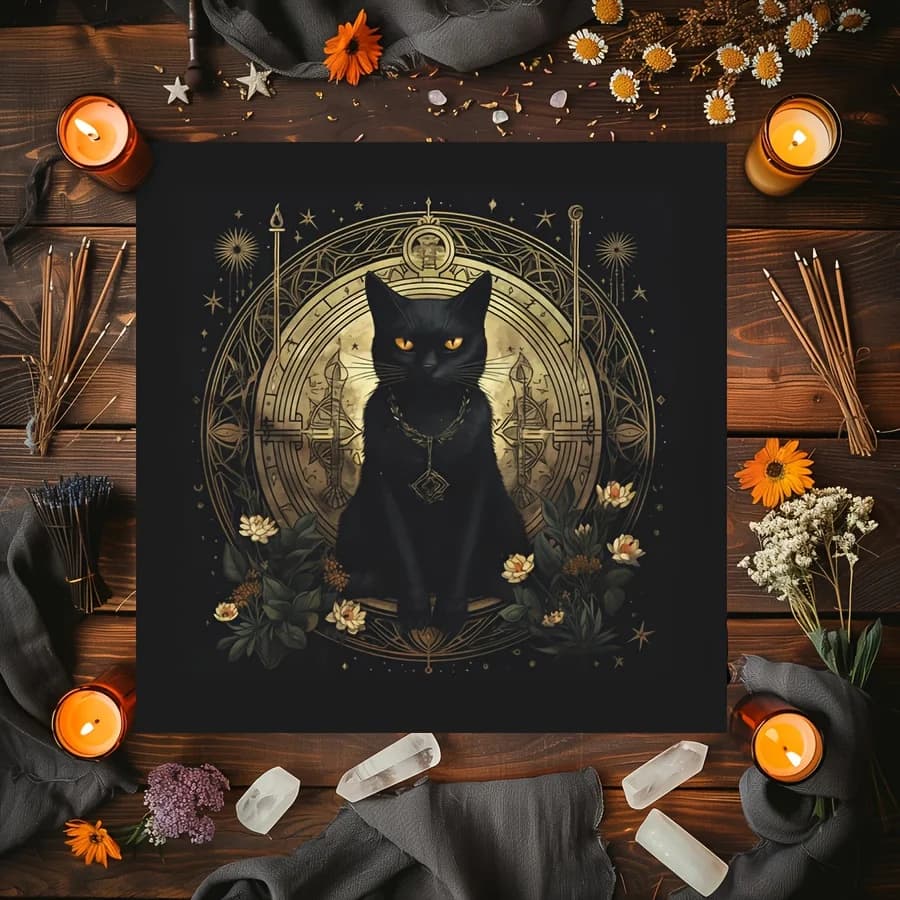 Tappeto da Altare Tarocchi Gatto Nero Mistico 1 pz, Tappetino da Tavolo Occulto Floreale Dorato per Divinazione Stregoneria, per Lettura Carte Astrologiche e Oracoli