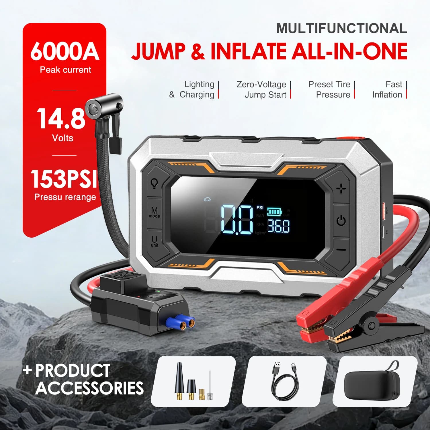 BUVAYE 6000A Emergency Starter with Power Bank 28800mAh, 150PSI Air Compressor and Car Portable Starter