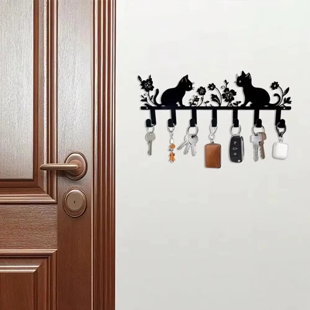 Decorazione da Parete in Metallo a Forma di Gatto e Fiore, Finitura Lucida, Gancio Portachiavi Decorativo per Ingresso