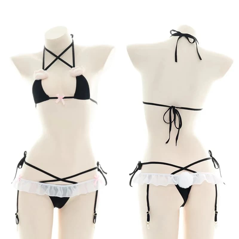 ❤ 2026 ★ Set Reggiseno e Mutandine Anime con Zampa di Gatto, Lingerie Halter con Fasce, Costume Cosplay Ragazza Gatto, Intimo Donna ❤