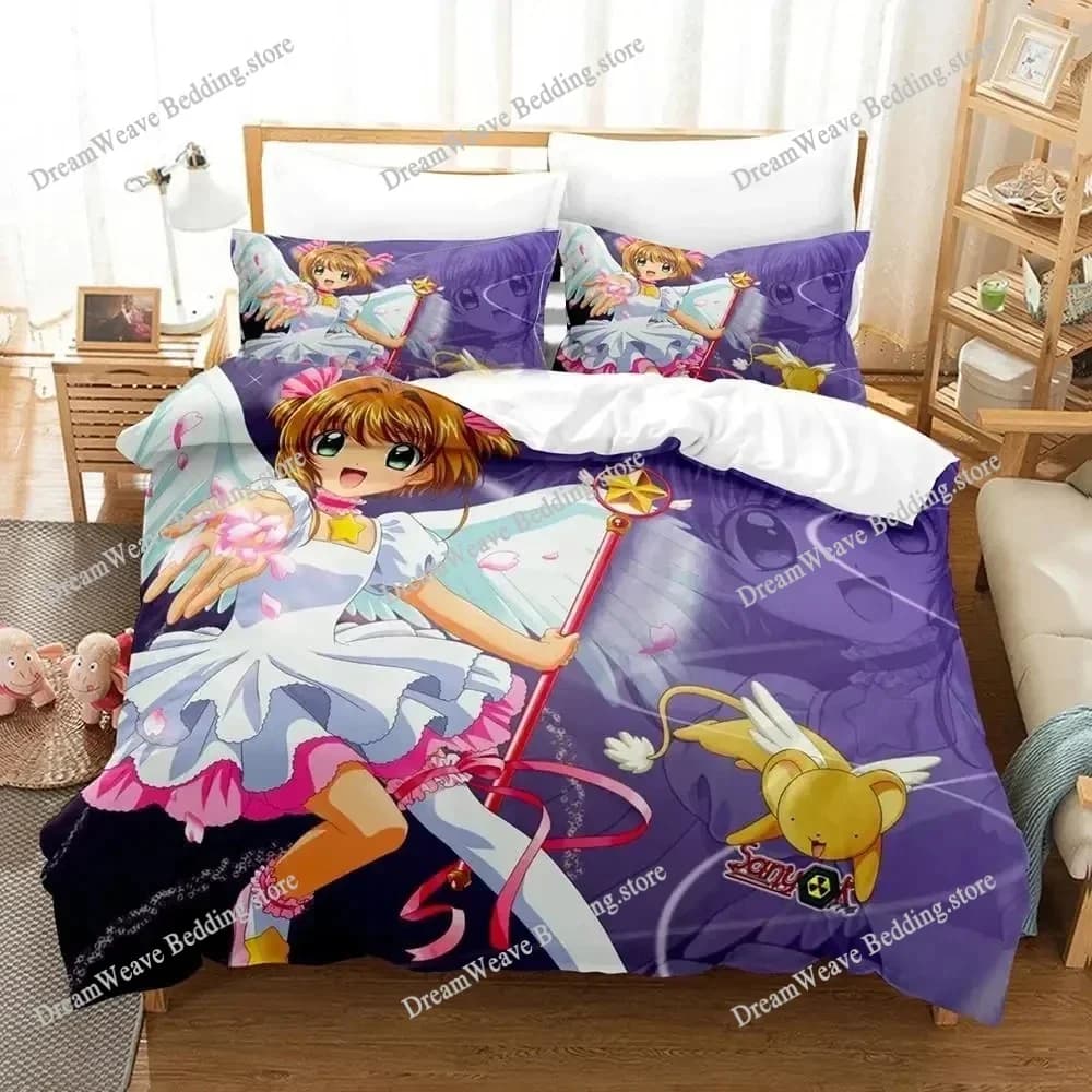 Set di Biancheria da Letto in Poliestere con Stampa Cartoni Animati Cardcaptor Sakura, Copripiumino e Federe per Ragazzi e Ragazze, Misure King Queen Twin 741
