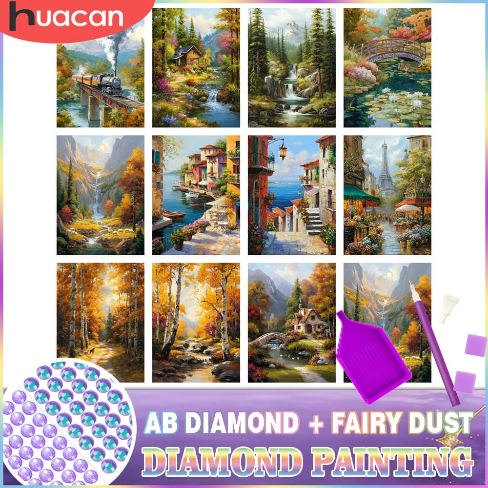 HUACAN Diamond Painting Paesaggio Forestale Casa nella Foresta AB Fairy Dust Drill Rotondo Kit Mosaico Creativo Hobby Decorazione Murale per la Casa