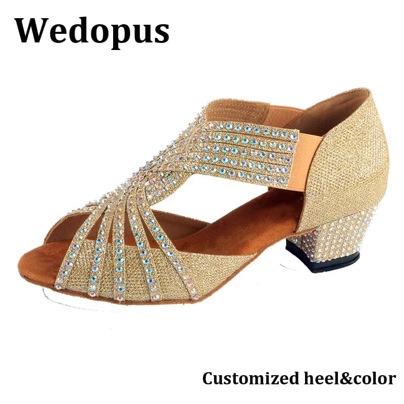 Scarpe da Ballo Latino alla Moda con Tacco Quadrato Decorato con Glitter Dorato e Diamanti, Comode Scarpe da Cha-Cha in Pelle Scamosciata