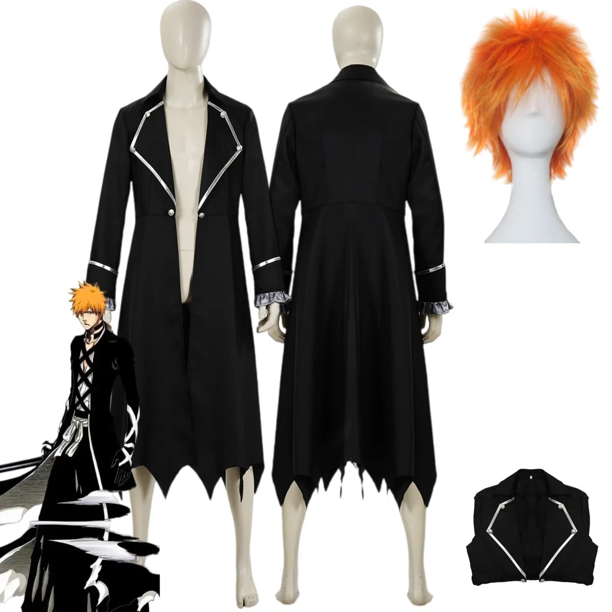 Anime BLEACH Kurosaki Ichigo Cosplay Costume Black Long Trench Cloak Coat Uniform Wig Adult Man Halloween Carnival Suit
