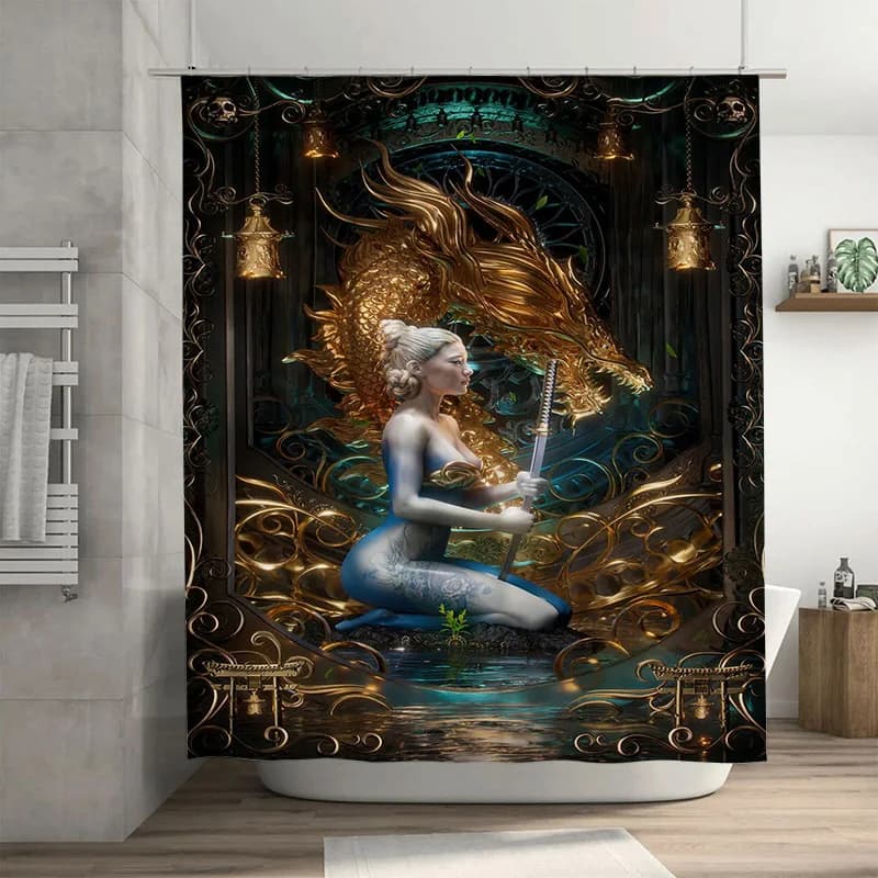 Tenda da doccia con drago dorato Fantasia Creatura mitica Decorazione da bagno Appeso a parete Tessuto impermeabile con spadaccino Lady Artistico De