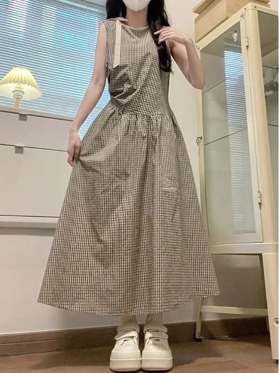 Retro Korean Plaid Sleeveless Women's Dress Summer New Waist Cinching Slimming School Style A-Line Midi Skirt Dress