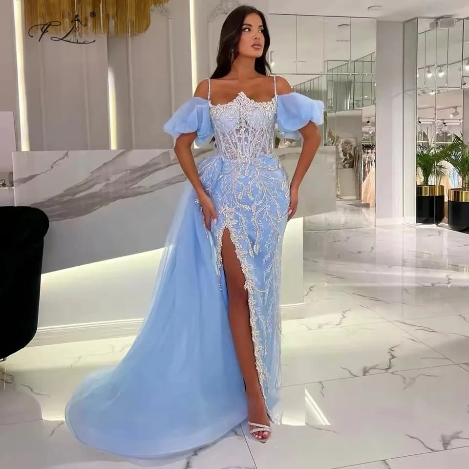 Abito da sera sexy con strass blu, cinturino per spaghetti, spacco alto, tulle, maniche a sbuffo, abito a sirena, abito da festa, abito da ballo lungo