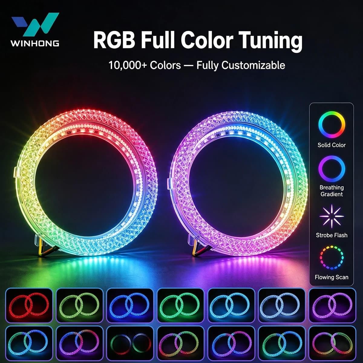 95mm Crystal RGB Angel Eyes Halo Rings APP Bluetooth 12V Headlight Projector Retrofit DRL MagicColor for Motorcycle Car